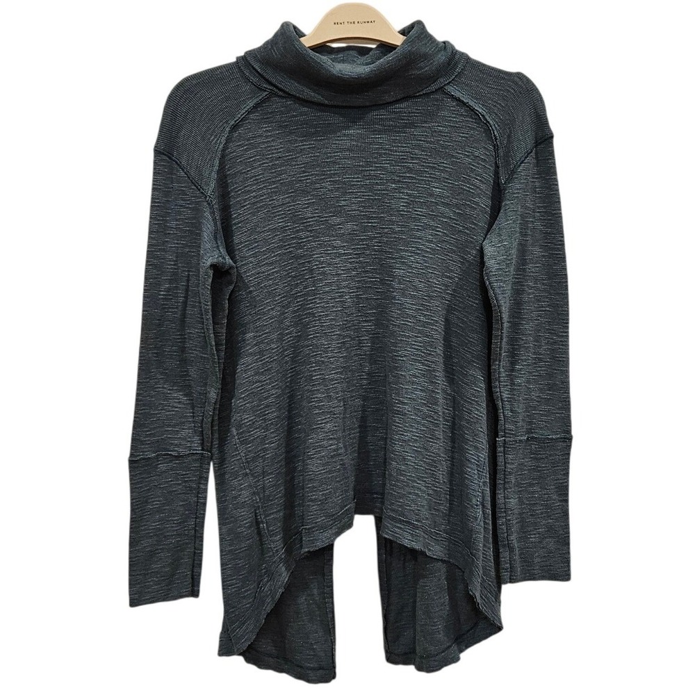 Free People‎ We The Free Split Back Thermal Funnel Neck Top Charcoal Teal Medium